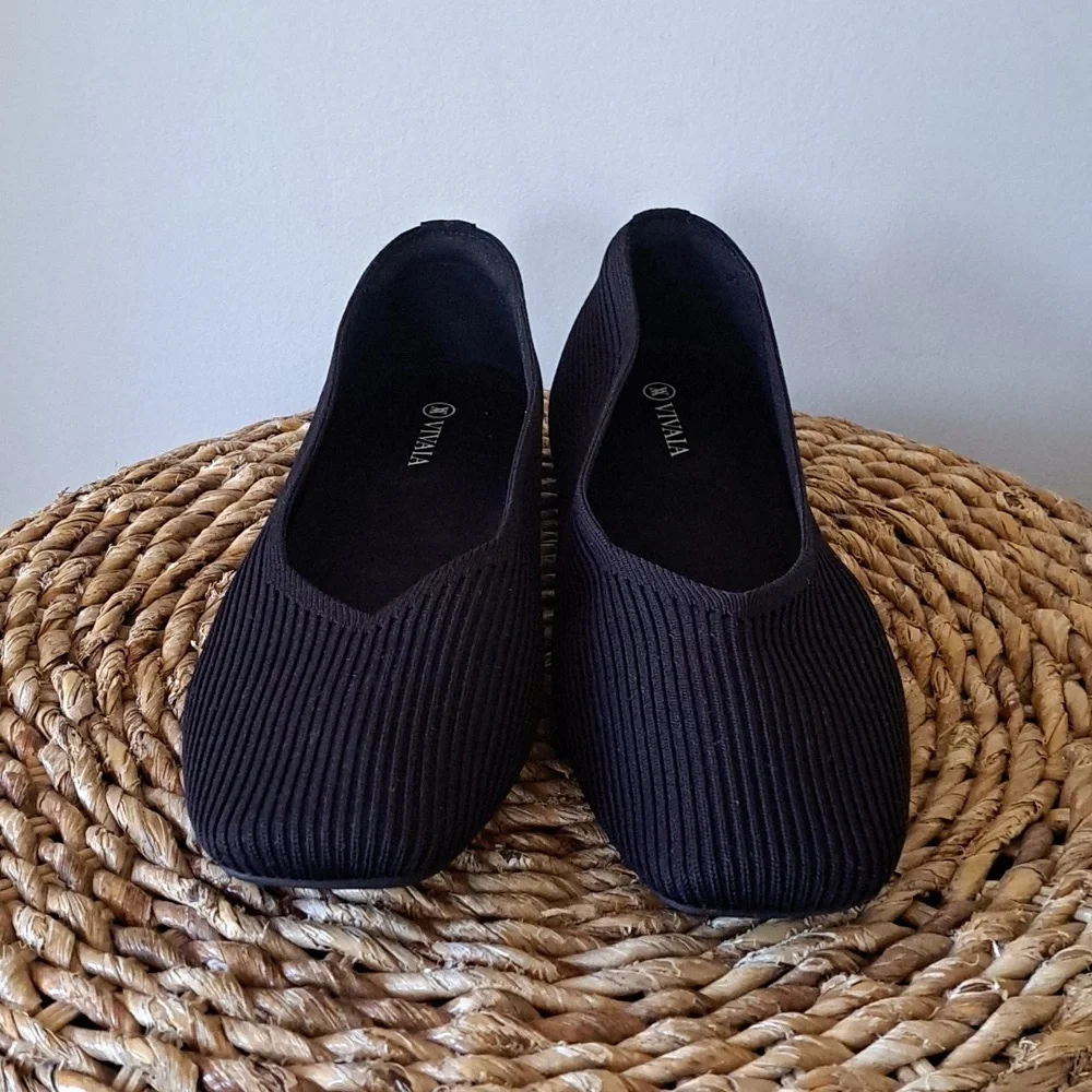 Vivaia Womens Margo Square‎ Toe Black Stretch Fabric Preppy Flats EU42/US10.5-11